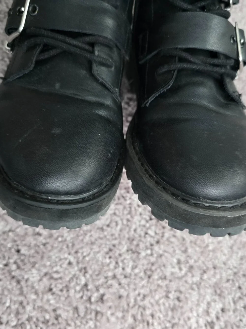 Zara Black Triple Buckle Combat Boots Faux Leather Moto Punk Goth Side Zip 34